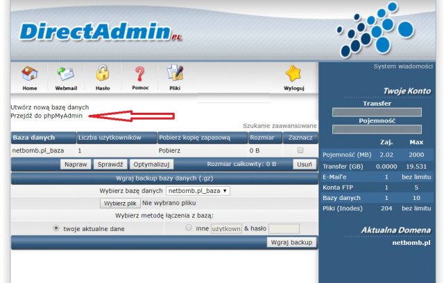 DirectAdmin - Przejdź do phpMyAdmin