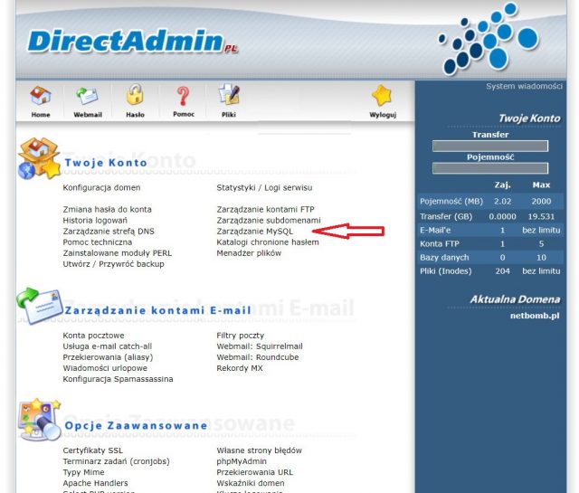 Użycie bazy danych w DirectAdmin
